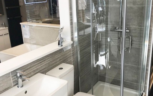 09 - K & L Bathroom Showroom - Semi-pedestal Basin, WC and Quadrant Shower Enclosure with a Exposed Valve Shower